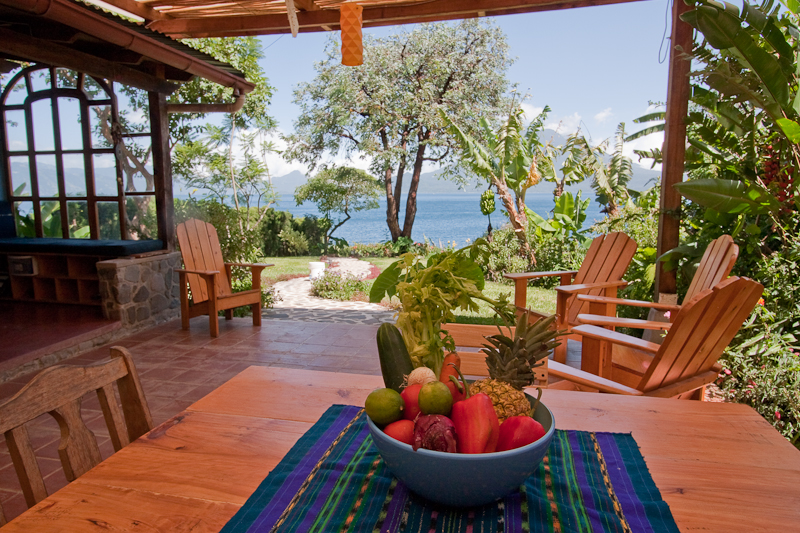 Lakeside views from the open-air kitchen at Los Elementos resort