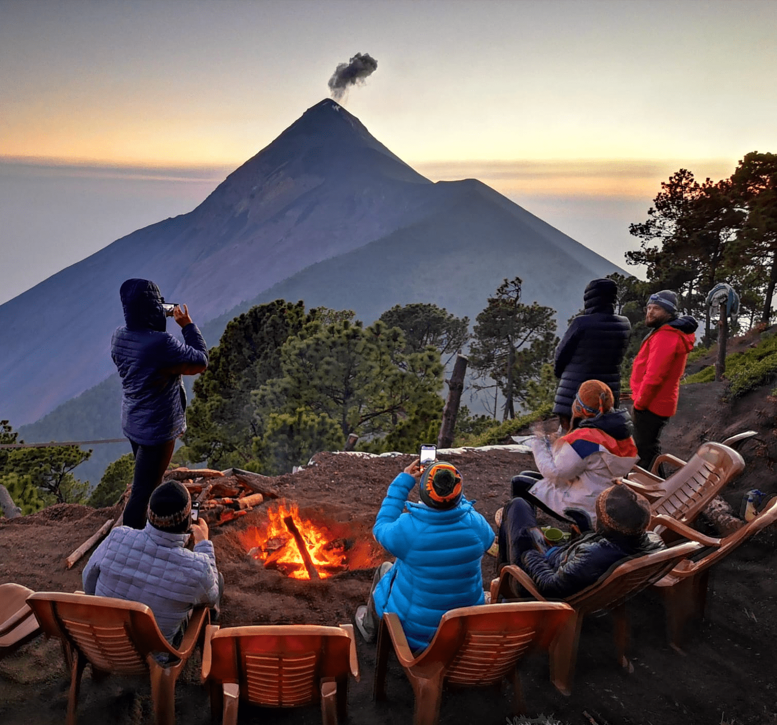 Watching sunrise and volcano Fuego erupt from the campsite.