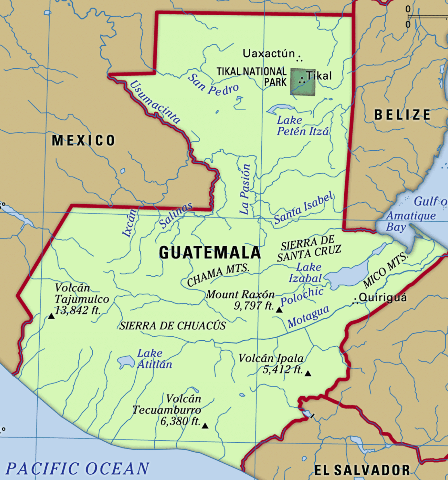 Map of Guatemala backpacking trip, a relatively small country rich in maya culture and mayan ruins.