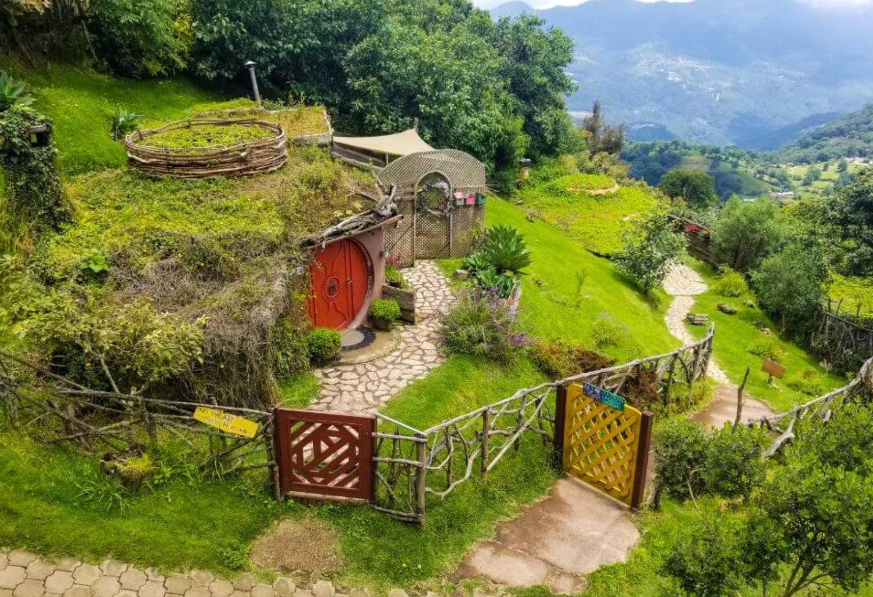 Hobbitenango cabins are build into the mountain side high above Antigua, Guatemala